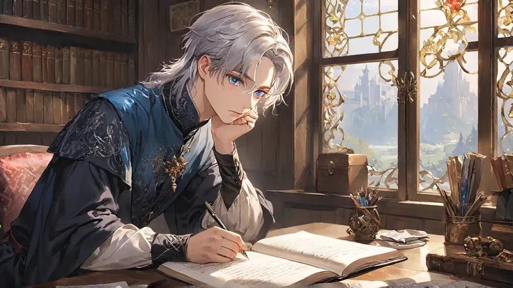 18 years old、Studying、 male、 Silver Hair、 Western Style Office、 big window、Office Desk 、Prince Clothes、 blue eyes、 eyelashes、 Fantastic、 fantasy、Medieval style、document、pen、lost in thought、 look down