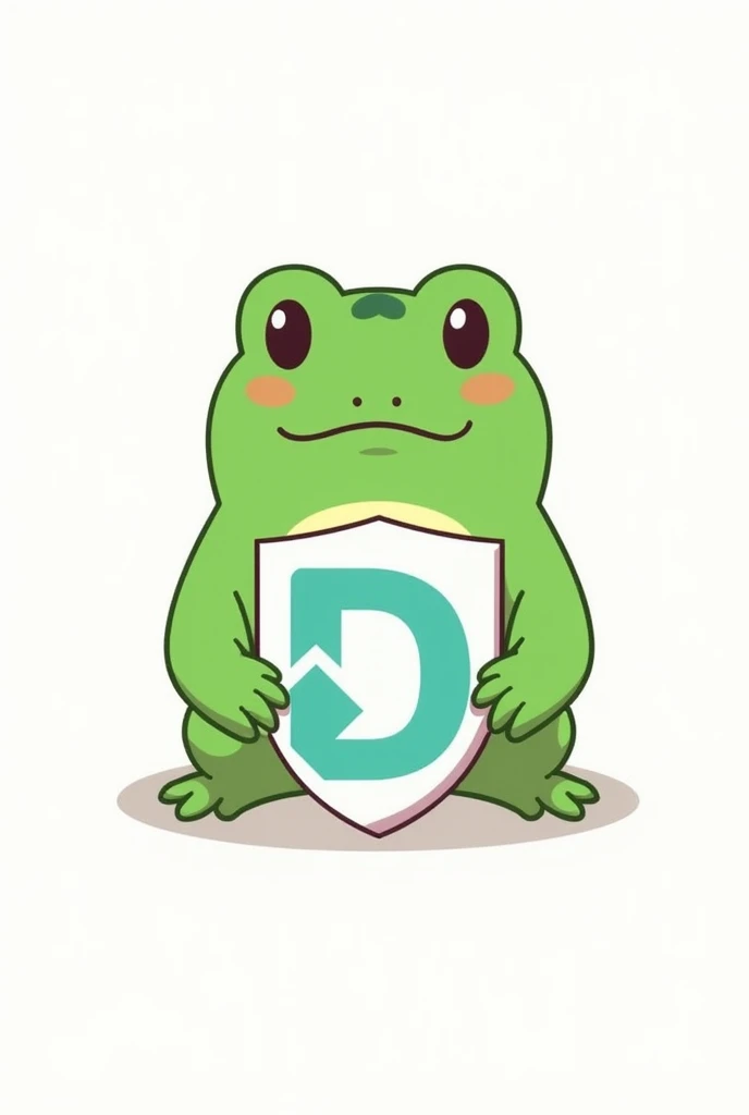 Frog , D logo shield, Animal protagonist, 2D anime,  character, 평면  character, 일러스트  character,  cute,  shield with D logo turquoise point, products, 대학교  character,  no background, background white , simplicity, Pokemon-like