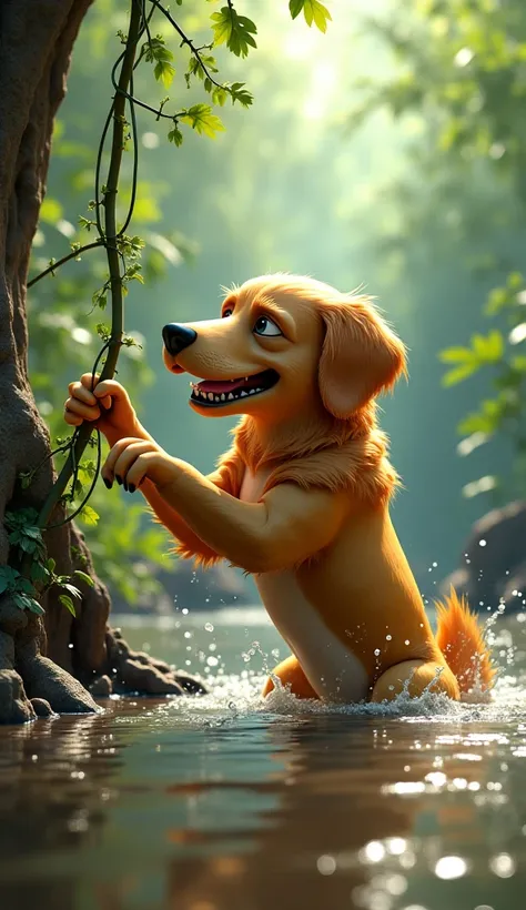 English Image Prompt:
"3D Pixar-style illustration, the golden retriever dog gripping the vine tightly with its teeth and paws while the jackal pulls with all its strength. The dog's body is half-submerged in the river, water droplets flying around. The ja...