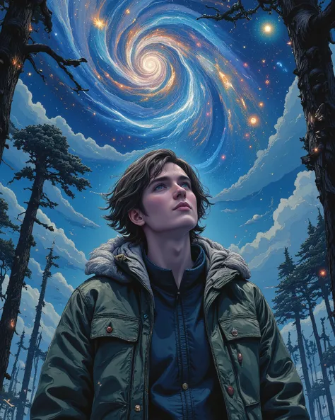 A serene nighttime scene in a dense forest, illuminated by a breathtaking starry sky filled with countless sparkling stars, vibrant nebula clouds, and shooting meteors. In the foreground, a young man with slightly messy dark brown hair and a defined jawlin...