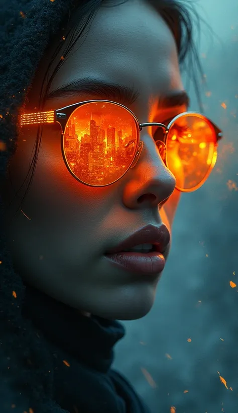  of a woman wearing bright fiery orange glasses ,  reflecting a dystopian city on fire . Her face has a somber tone ,  with details detailed in blue and orange shadows .  The style is abstract and artistic ,  with a textured background of brushstrokes in d...