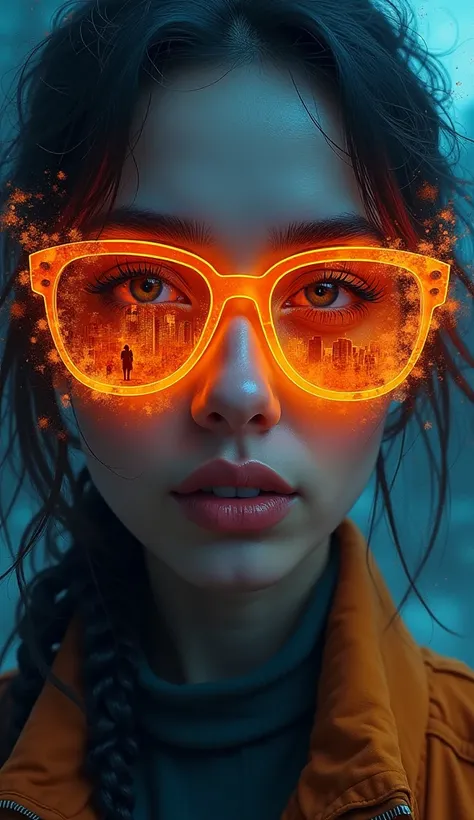  of a woman wearing bright fiery orange glasses ,  reflecting a dystopian city on fire . Her face has a somber tone ,  with details detailed in blue and orange shadows .  The style is abstract and artistic ,  with a textured background of brushstrokes in d...