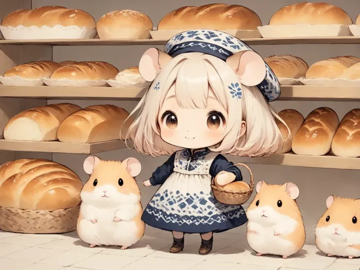 cute　Illustration,(Hamuko-chan ,Hamster girl, 1girl ,Alone,full　body,cream-colored hair,Make bangs,Scandinavian pattern clothes and hats,hamster ears),There is a hamster beside her,Holding a woven basket filled with bread ,bakery