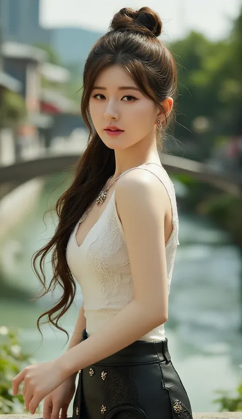  beautiful white korean girl ,  hair tied in a high ponytail , big legs big boobs  , wearing an open chest t-shirt , short skirt ,  standing on the beautiful street by the river 