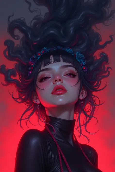 Close up shot of a woman with colorful hair,  de su cabello brota humo negro, Anime Girl with smoke Hair ,  rossdraws, Gouvez art style , dark fantasy art style , colorful],  vibrant fantasy style , dibujos animados de rossdraws llenos de vitalidad, guweiz...