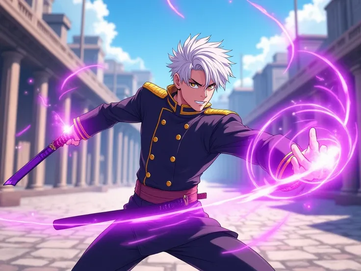  Dynamic anime-style scene , depicting a 25 year old man with short white hair.  The character's eyes glow brightly — his left hand burns with fiery yellow light ,  and the right one shines with rich purple .  The hero stands in a confident fighting postur...