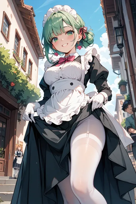  Please draw an anime style girl
She looks like a girl about 
Her hair is long green、That bangs are slightly parted in the middle
Her eyes are green and 、That expression is blushing and smiling
She is wearing maid clothes、I'm wearing a long skirt
She is we...