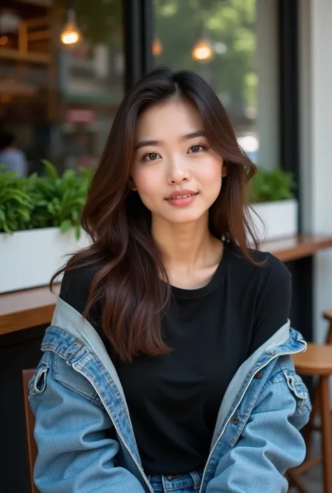 Original photo of a beautiful Thai woman bog breast with brown hair, wearing a black t-shirt and jacket denim and jeans sitting in front outside of a café glass window, in a long pot just below the café window, position on the side of a pedestrian road, HD...