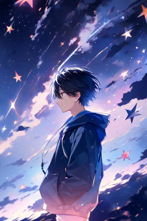  1 boy、I have earphones in my ears、 black hair、 star、 lonely expression、 from side、 breathing white、It&#39;s dusk、Dark night sky、The little star 、plain navy hoodie、 Masterpiece、