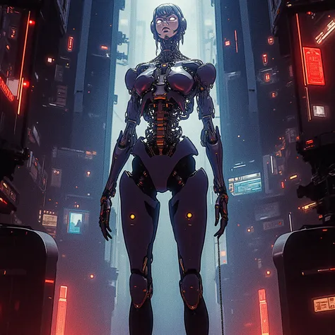 Cybernetic Female Endo keleton standing in a Futuristic cyberpunk museum