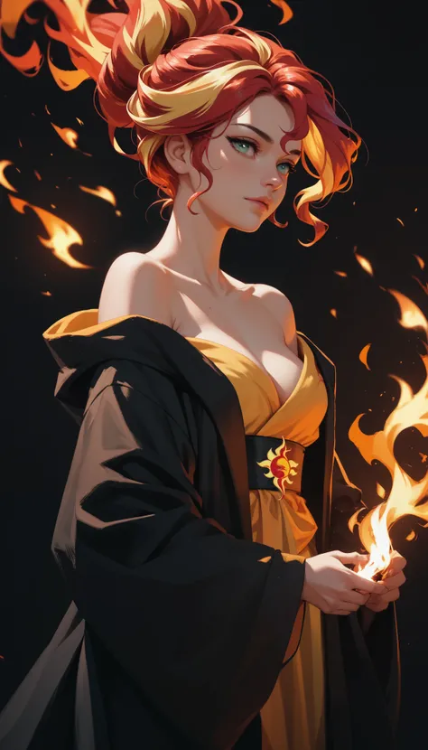 Sunset shimmer, black background, Loose black robe, background and robe blend together, robe off shoulders, hair as fire, fire hair, hair made out of fire