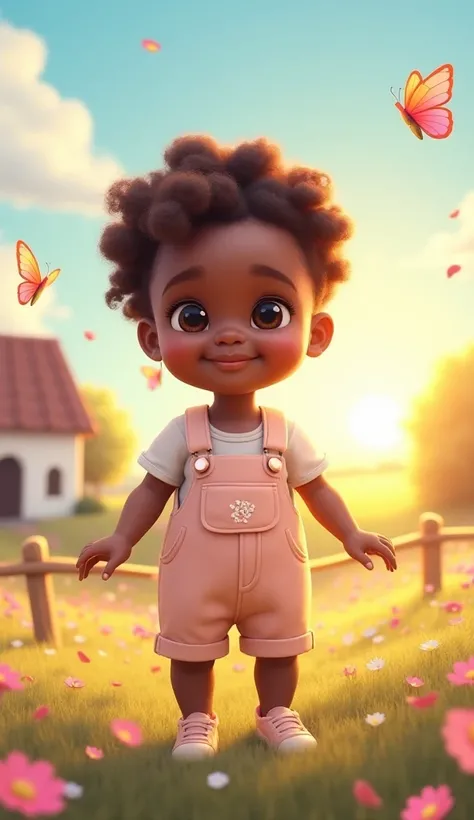  Here's a new prompt to generate an enchanting image of a black baby in a magical and cheerful setting:

Prompt:
an adorable black baby,  of bright brown skin ,  pink cheeks and big, expressive eyes , smiling with happiness .  Her hair is voluminous and cu...