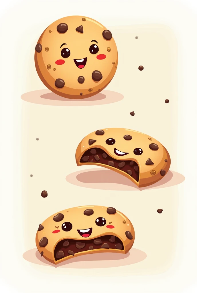 A smiling chocolate chip cookie with a cheerful and eye-catching chocolate necklace, 3 positions on each sheet of the same character