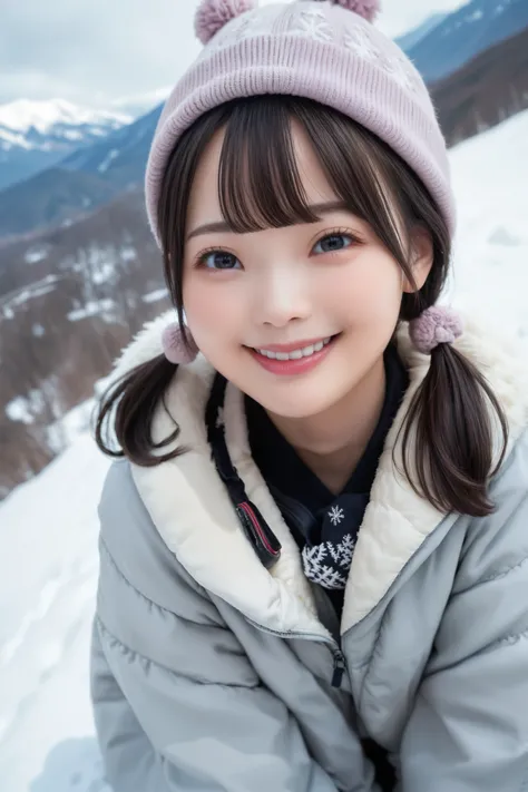 Details, Best Quality, High Resolution, High Definition, 20 year old Japanese female, Happy smiling face, Detailed facial expression, Detailed eye depiction, Wide open eyes, Cute double eyelids, Thick lips, Black hair, Black pupils, Woman wearing knitted h...