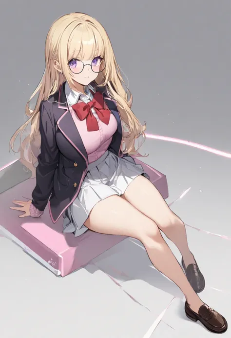 1girl, blonde hair, skirt, bow, long hair, bowtie, purple eyes, school uniform, pleated skirt, shirt, long sleeves, white skirt, red bow, pink shirt, bangs, collared shirt, pink sweater, breasts, red bowtie, white shirt, jacket, glasses, round eyewear, ful...