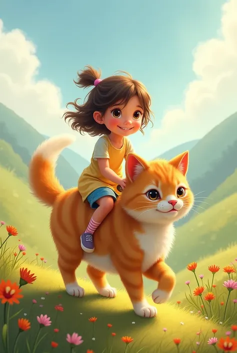 Let's create a picture of a girl riding a cute cat 