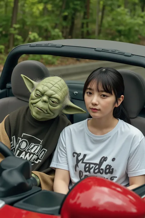 High resolution photograph. the first is Jedi-Master Yoda from “Star Wars saga" wearing t-shirt printed "Yoda Land". the second is a Japanese woman named yoda_yuuki in t-shirt printed "3cm".
They are sitting side by side in the seats of a Mazda Miata, outd...