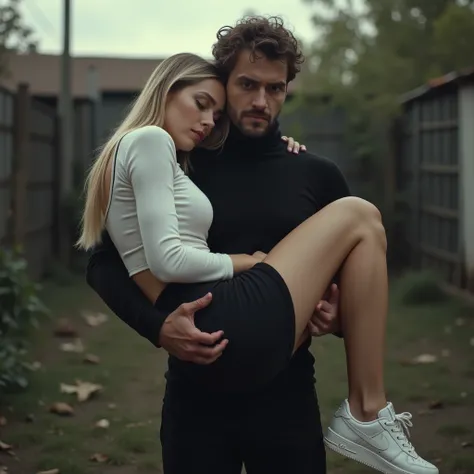  Ultrarealistic image .  A man carries a sleeping woman in his arms. He is dressed in a black turtleneck sweater He looks resolutely ahead. Scene in an abandoned backyard.  A slim blonde 25-year-old Greek woman.  She has a distinctive narrow face with high...