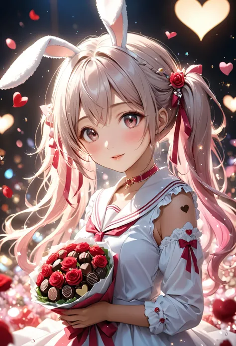 Dreamy anime-style illustration of a 20 year old beautiful woman. She has soft, fluffy white hair styled in high twin ponytails tightly tied, delicate bunny ears on top of her head. The ears are white with soft pink inner linings,  The hair color is a beau...