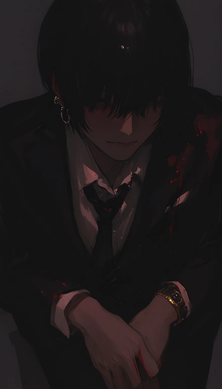  Masterpiece,  top quality,  748cm style .  1 boy,  white background,  from above, ( suit:1.1),  tie, :), (Blood on clothes:1.1), A completely dark place, night ,  bloody hands ,  Wolf Cut Earrings, hair with a long neckline,  eyes ,  Watch Viewers .. smil...