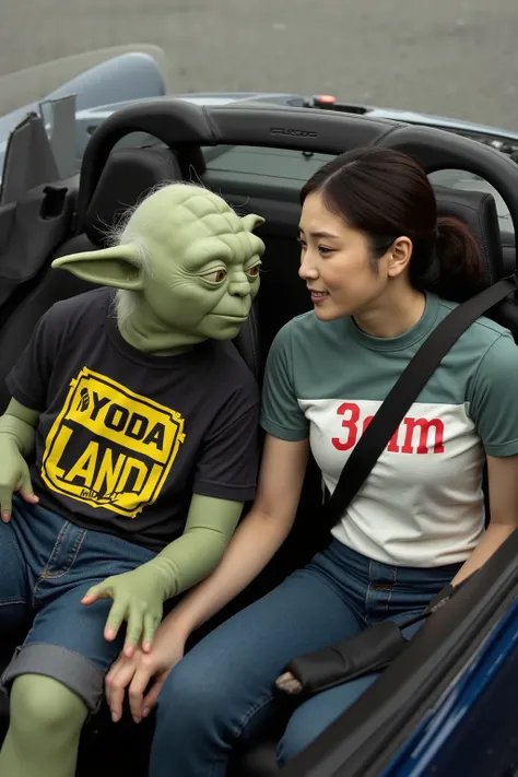 High resolution photograph. the first is Jedi-Master Yoda from “Star Wars saga" wearing t-shirt printed "Yoda Land". the second is a Japanese woman named yoda_yuuki in t-shirt printed "3cm".
They are sitting side by side in the seats of a Mazda Miata, gazi...