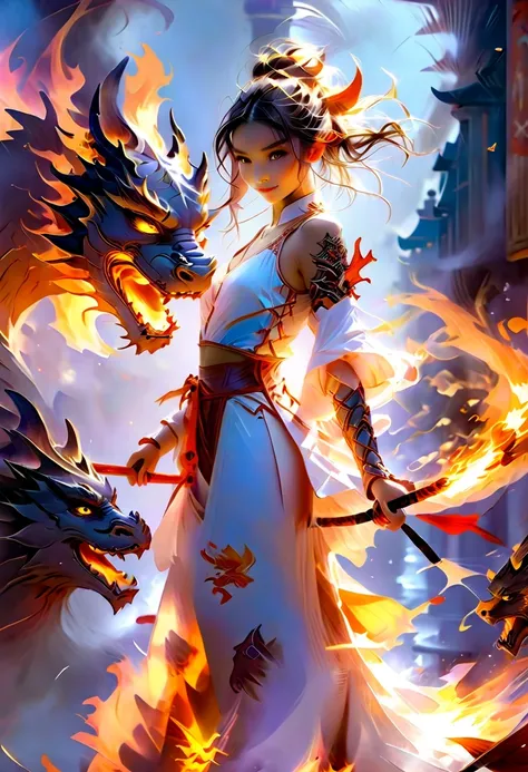 Willem Haenraets style full body (dynamik8K) style willem Haenraets style fantasy concept artdynamic action fire sexy girl and dragon anime poster best realistic 16 k