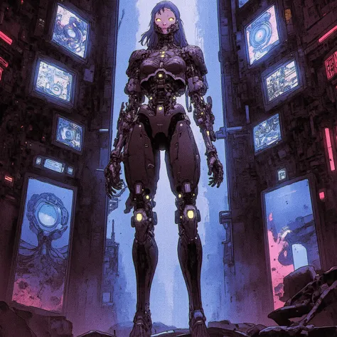 Cybernetic Female Endo keleton standing in a Futuristic cyberpunk museum