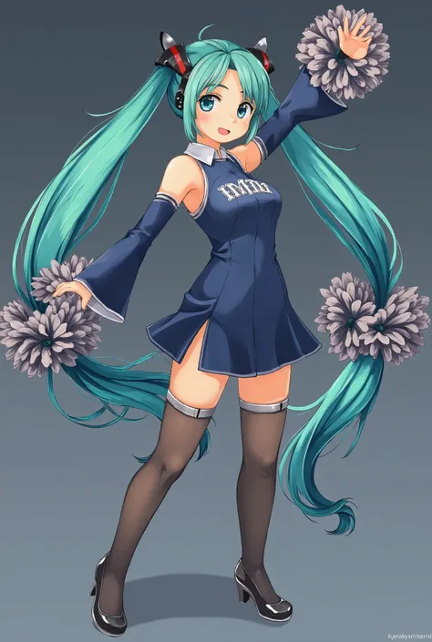 ( masterpiece、 top quality、 top quality、 Official Art、  beautiful and beautiful  :1.2)、( one girl:1.3) Hatsune Miku、 twin tails on legs, beautiful breasts,Full body portrait McKenna Grace University of Michigan cheerleader uniform, sheer tan, pantyhose, na...