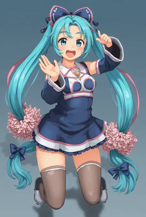 ( masterpiece、 top quality、 top quality、 Official Art、  beautiful and beautiful  :1.2)、( one girl:1.3) Hatsune Miku、 twin tails on legs, beautiful breasts,Full body portrait McKenna Grace University of Michigan cheerleader uniform, sheer tan, pantyhose, na...