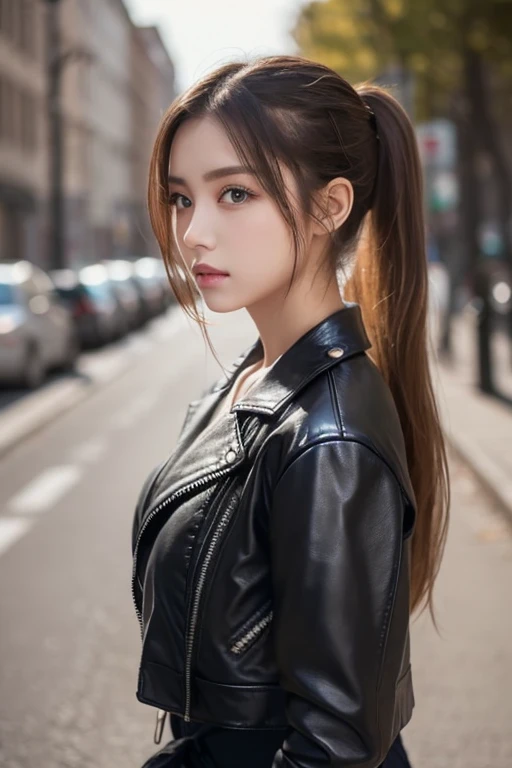 One Girl , Alone, face, portrait , long hair, ponytail, blondes, green eyes, big breasted , ( black leather jacket :1.2) , clevis on a stone, School, Empty , Stares at Viewers ,