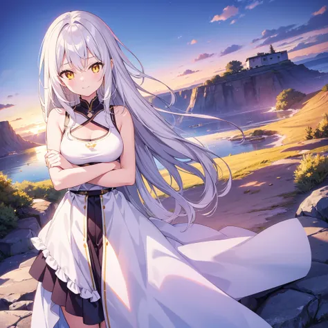  Masterpiece, expensiveest quality, expensively detailed CG Unity 8K wallpapers, expensive ******  Girl Anime Illustration .  wear a larger tank top、Standing in honorポーズをする、Pose with arms crossed 、  She closes her eyes and opens her mouth , smile.  The bac...