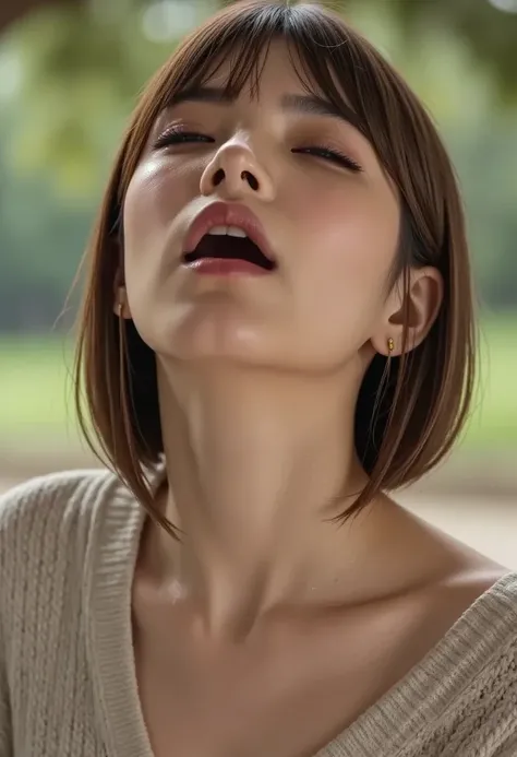     beautiful brown-haired woman closing her eyes and shouting  ,   sitting on a Japanese park bench     ,   park bench behind n \There's a  、タートルneckのスリーブセーター , ((    arching your head and screaming orgasm)) ,     close-up with her eyes closed     , (  8K...