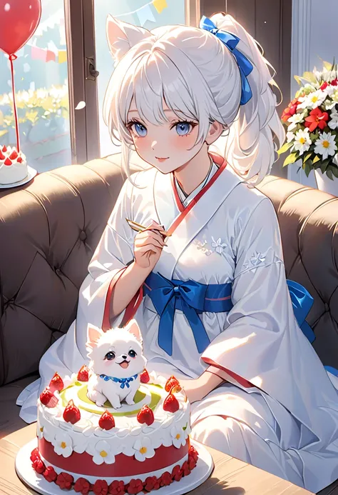 The woman is sitting on the sofa、 has a little white Pomeranian crawling on her lap。, Opposite the birthday cake,  makes a wish for a birthday cake ,  Celebrating a birthday , She's about  ,  white skin,  delicate facial features