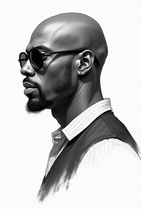  Illustration , sketch,  lines,  monochrome,Profile portrait of a bald black man, 70s style, strong face,  goatee, sunglasses (sunglasses ) 😎,70's shirt ,  white background, high contrast,  detailed drawing , masterpiece