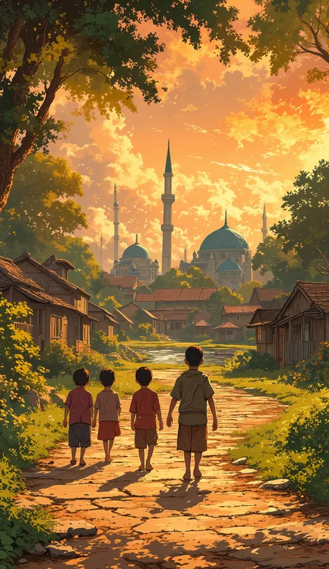 A beautifully detailed, semi-realistic illustration of a group of young boys joyfully walking home from the mosque in a charming, tranquil village setting. They wear traditional sarung and peci, carrying prayer mats (sajadah) neatly folded over their shoul...