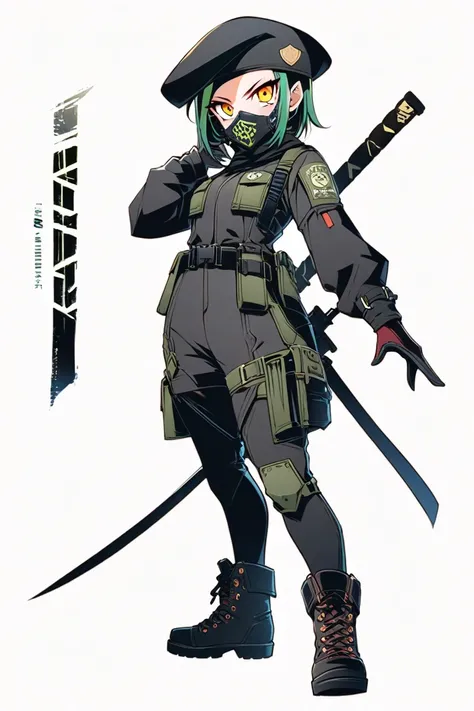  Cyberpunk Ninja Action Novel。One female ninja。((white background illustration ))。(( full body illustration))。(( Standing))。Demon Gunsō style face 。 military mask around the mouth。 black military costume with special forces 。Wear combat boots 、 wears a ber...