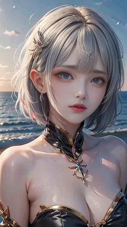 ( masterpiece,  top quality,  Beautiful Girl ,  pretty face :1.5), (Gray pink short hair:1.5), (Upper body,  bangs:1.2), Small waist, (  simple background :1.4), beach, (horizon, Beautiful Ocean, Sky,  sunshine:1.2), bikini, Surface light,  8,000,  officia...