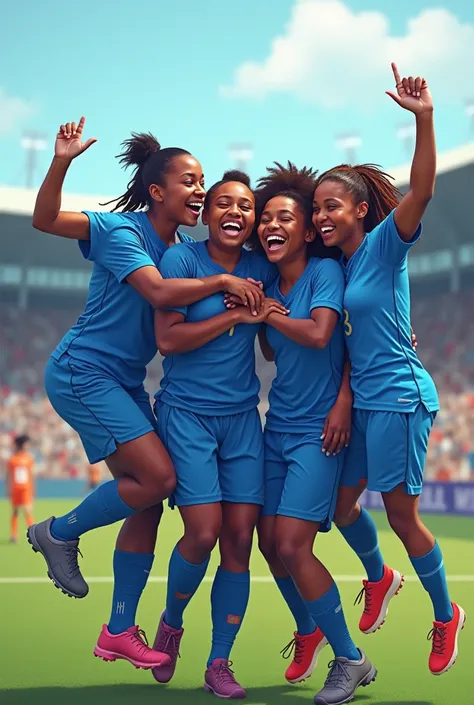 Create an image of an African women's soccer team celebrating a victory funny to make you want to play It's wearing the color blue without a logo