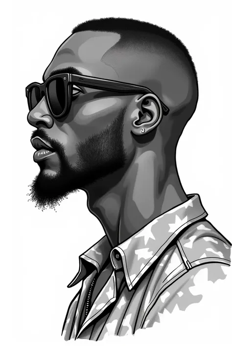  Illustration , sketch,  lines,  monochrome,Profile portrait of a black man, shaved hair , 70s style,  Oval face, goatee, sunglasses (sunglasses ) 😎,70's shirt ,  white background, high contrast,  anime style cartoon glasses, masterpiece