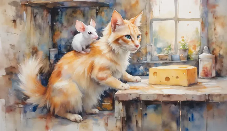 dreamy watercolor scene in a rustic kitchen, large ginger cat standing beside an antique wooden table, tiny white mouse perched on cat's shoulders reaching for a wedge of golden cheese, loose artistic style with flowing ink splatters, muted earth tones and...