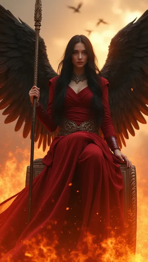  fantastic beauty、live-action、 Hi-Res、16k、A reality close to fantastic fantasy、 Fallen Angel Belial in a tight and sexy red military uniform sitting on a flaming chariot with long, beautiful black hair, spreading black wings、Slender and delicate figure、A s...