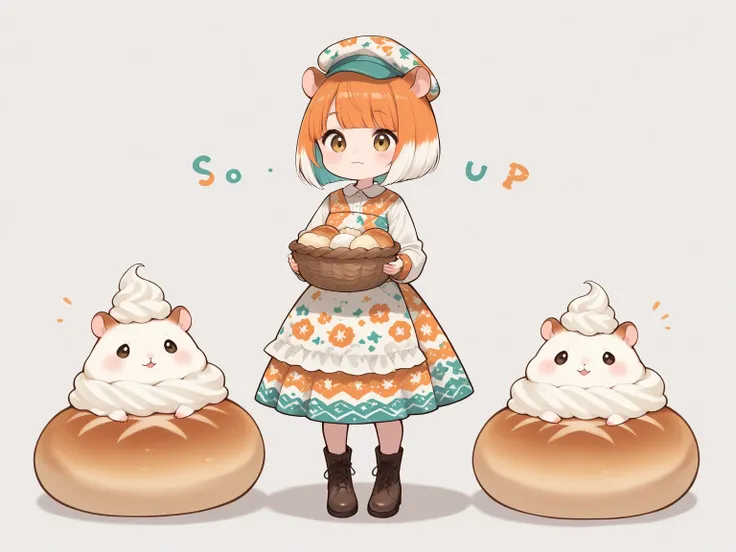 cute　Illustration,(Hamuko-chan ,Hamster girl, 1girl ,Alone,full　body,(cream-colored hair : bob cut hair:1.3),Make bangs,Scandinavian pattern clothes and hats,hamster ears),There is a hamster beside her,Holding a woven basket filled with bread ,bakery