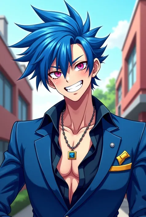 An anime guy with blue hair color, cool hair style, pink color eyes, valley boy, blue color luxirious clothes, high school corner background, grins teeth mockily