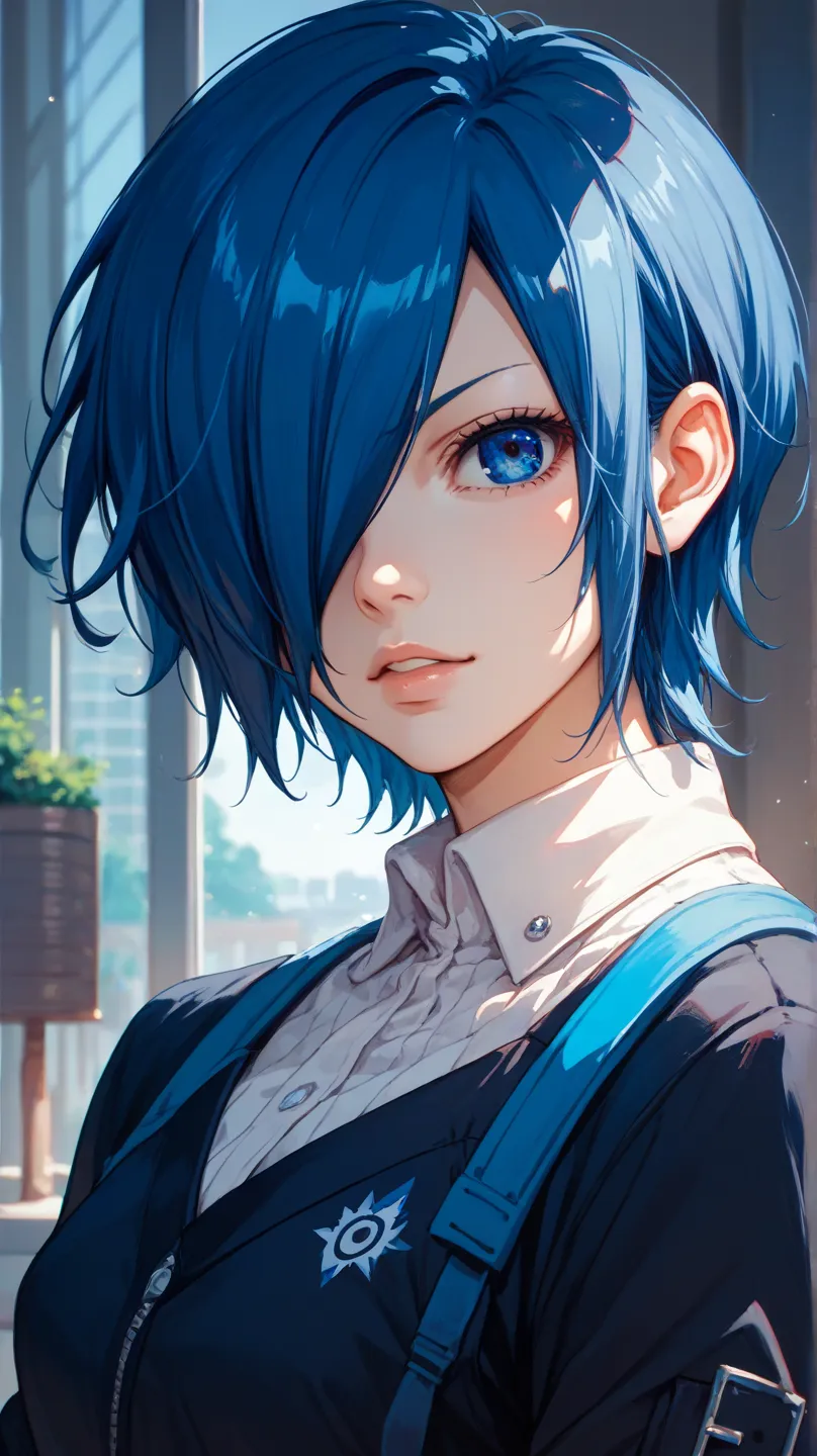 score_9, score_8_up, score_7_up, source_anime, solo, 1girl, kirishima touka, blue hair, hair over one eye, blue eyes, 