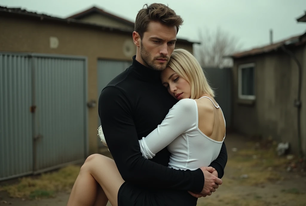  Ultrarealistic image .  A man carries a sleeping woman in his arms. He is dressed in a black turtleneck sweater He looks resolutely ahead. Scene in an abandoned backyard.  A slim blonde 25-year-old Greek woman.  She has a distinctive narrow face with high...