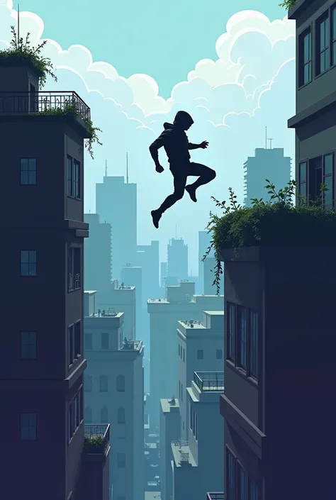  An image in the style of a 2D ,  showing an athletic man with a profile , with hood,  jumping horizontally from one building with a terrace to another with a green terrace.  The city in the background is lower ,  with few buildings ,  creating a wide and ...