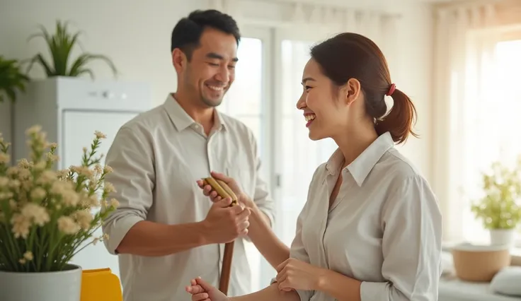 A beautiful young Asian woman age 40 with a confident and radiant smile , cleaning home with her husband in a white clean home