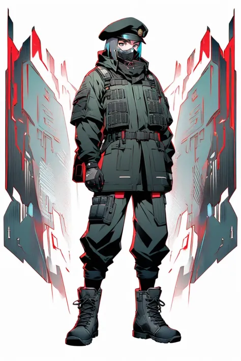  Cyberpunk Ninja Action Novel。solo ninja 。((white background illustration ))。(( full body illustration))。(( Standing))。The face of a sergeant。Military-style cyberpunk mask around the mouth。Special Forces Meita Black Military Outfit。Wear combat boots 、 wear...