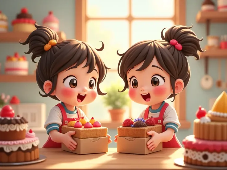 In a pastry shop ,  two little friends are talking about putting cakes in boxes,  cute cartoon 