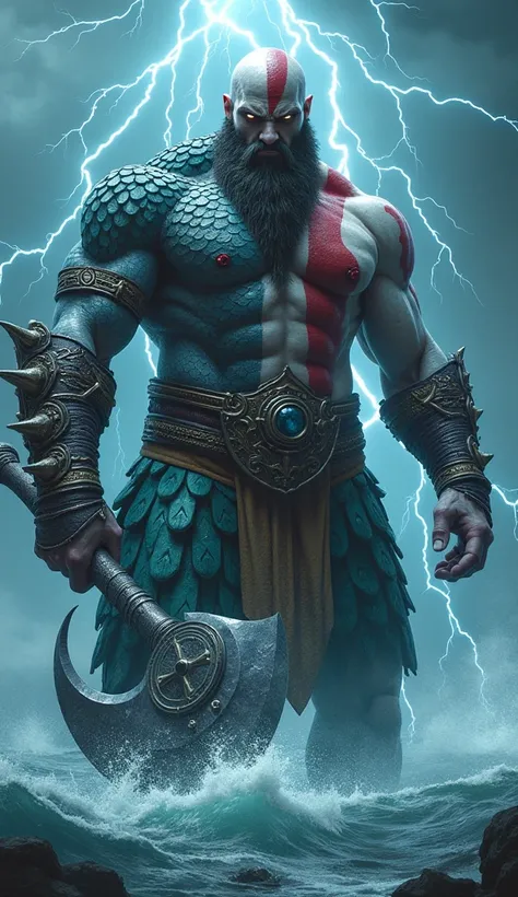 A hyper-realistic 8K illustration of Kratos fused with Jörmungandr, the World Serpent. His body is colossal, covered in blue-green scales, yet retaining Kratos' features such as his beard and red tattoos. His eyes glow with divine energy, and he wields a g...